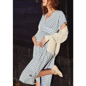Hatch Blue and White Gingham V-Neck Midi Dress